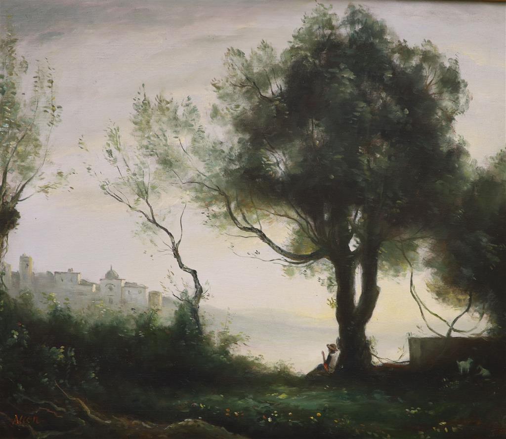 After Corot, oil on canvas, Shepherd boy in an Italianate landscape, 50 x 60cm